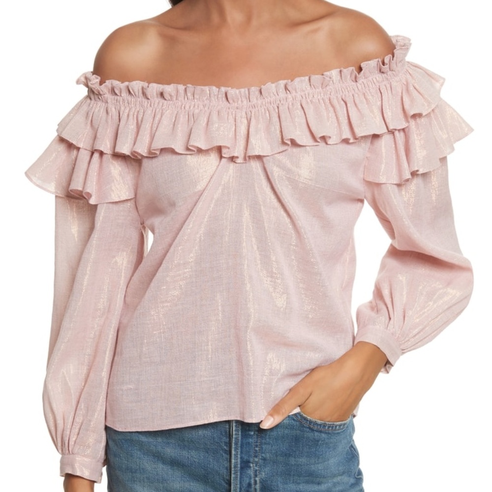 LA VIE REBECCA TAYLOR Off the Shoulder Metallic Pink Ruffled Top
